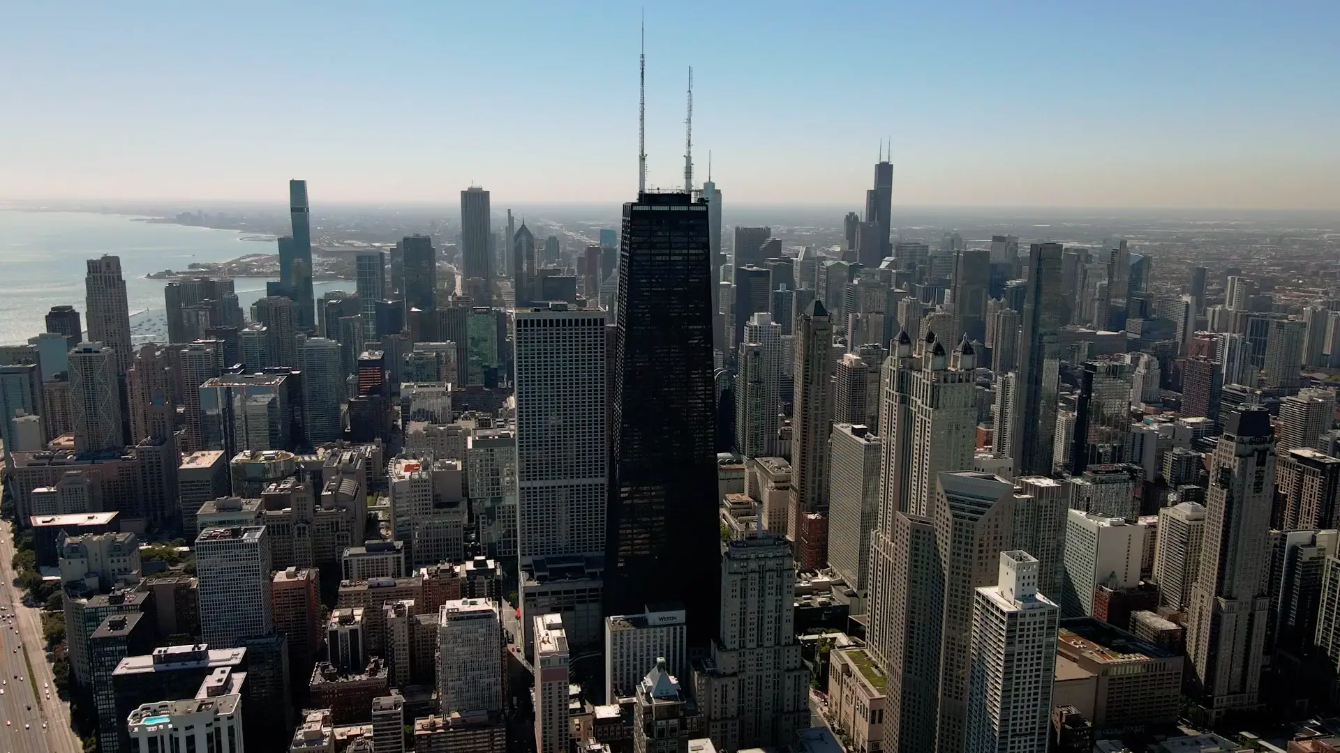 Aerial view of the Chicago skyline and Lake Michigan