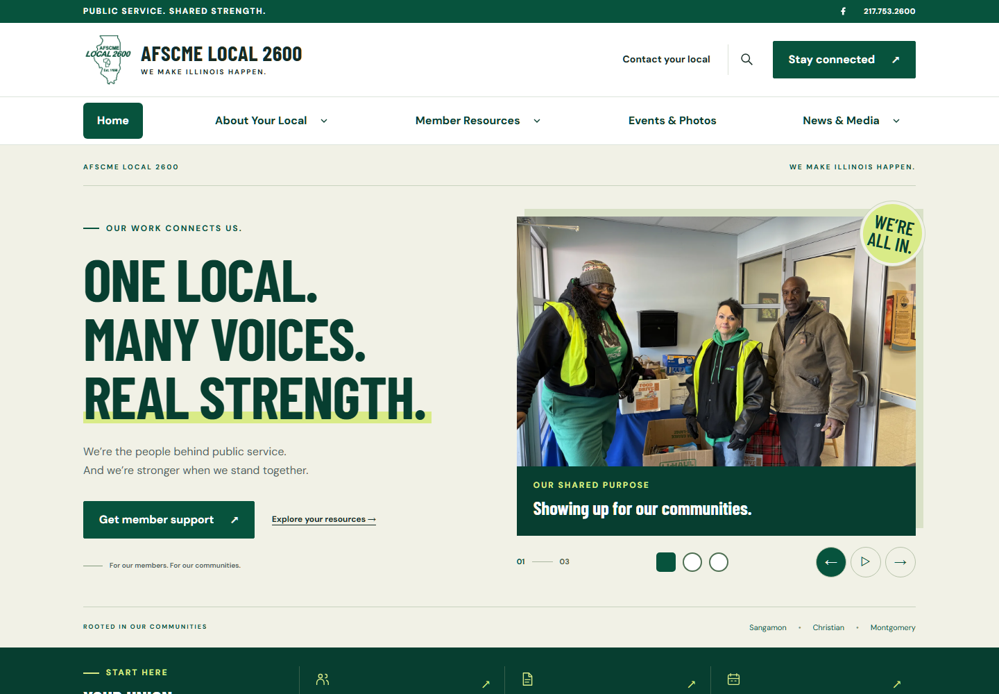 Local 2600 live homepage with green union branding, member support links and photo carousel