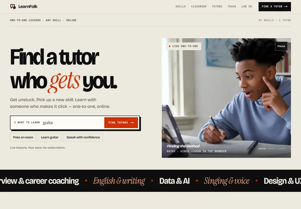 LearnFolk live tutoring marketplace homepage